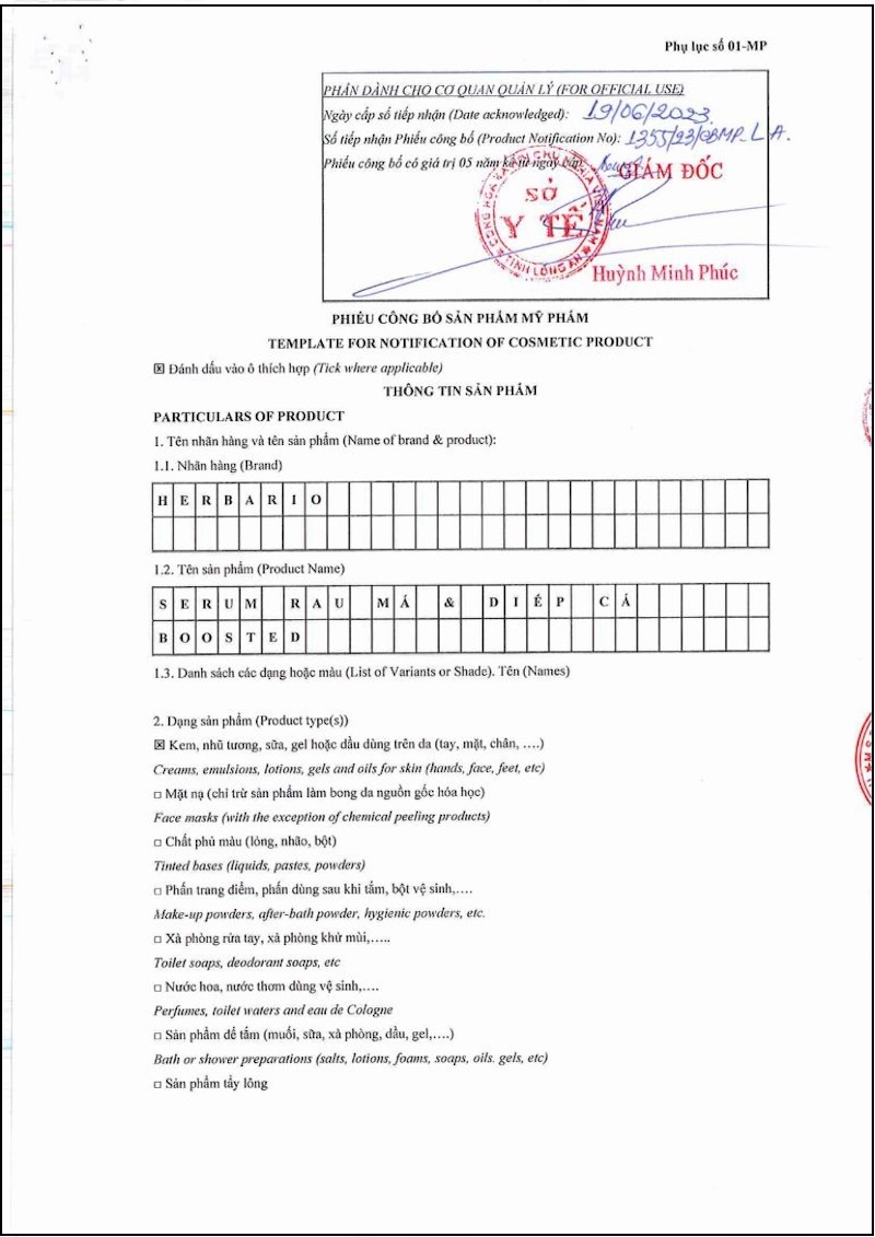Giấy công bố sản phẩm Boosted Serum rau má diếp cá Herbario giay cong bo boosted serum rau ma diep ca herbario