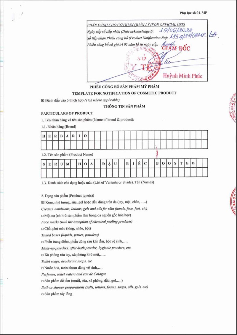 Giay cong bo Boosted Serum Hoa dau biec Herbario