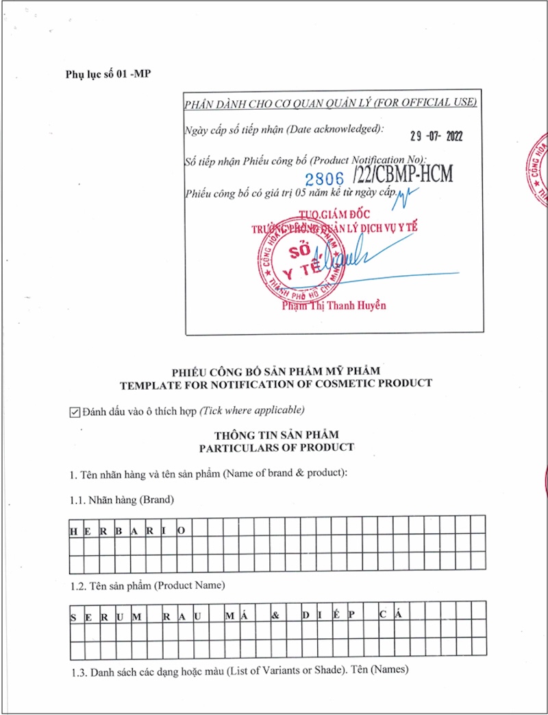 giay cong bo san pham serum rau ma diep ca Herbario