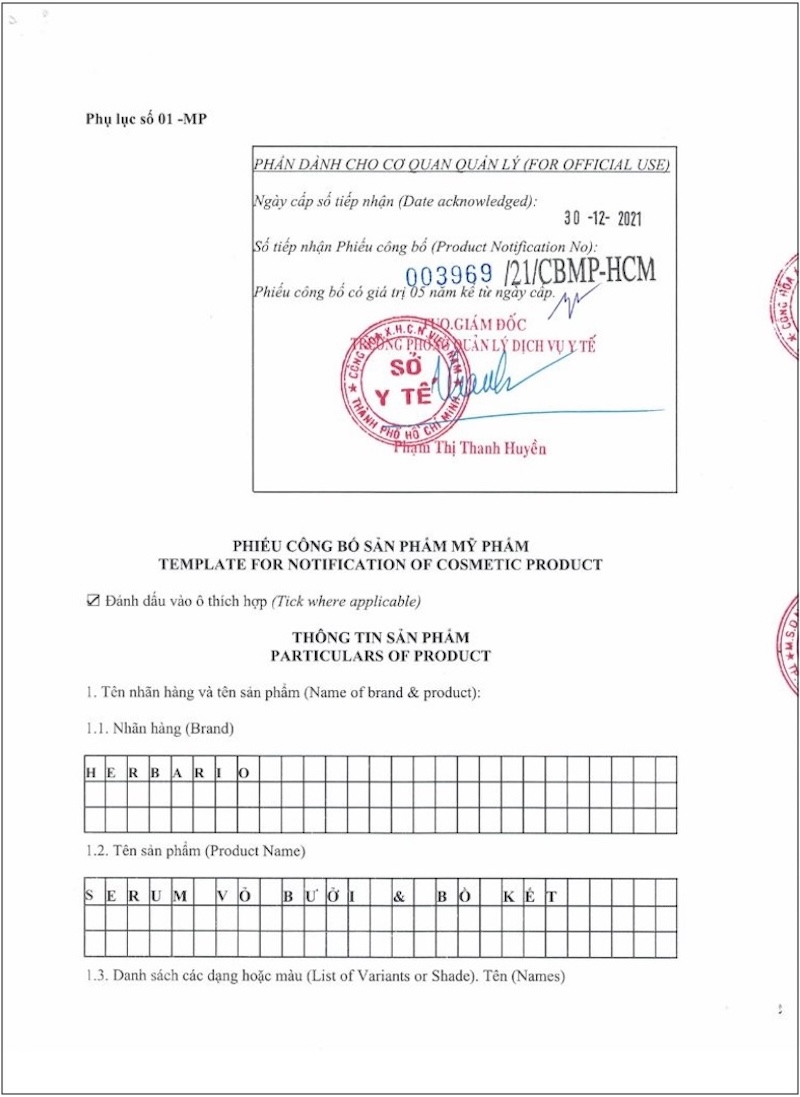 giay cong bo Serum vo buoi bo ket herbario