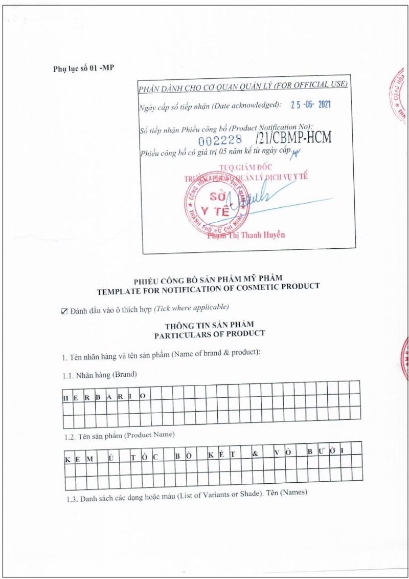 giay cong bo san pham Kem u toc buoi Herbario