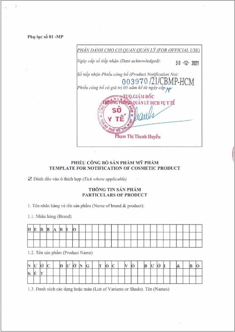 giay cong bo san pham nuoc duong toc buoi Herbario