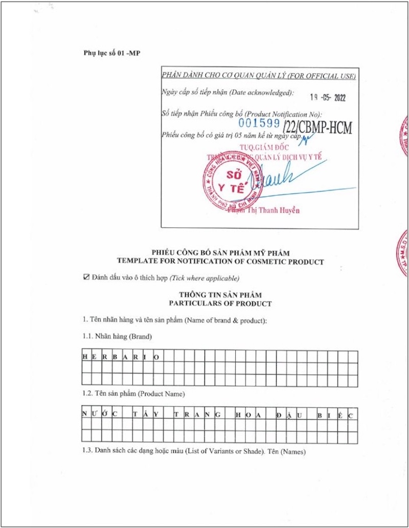 giay cong bo san pham nuoc tay trang hoa dau biec herbario