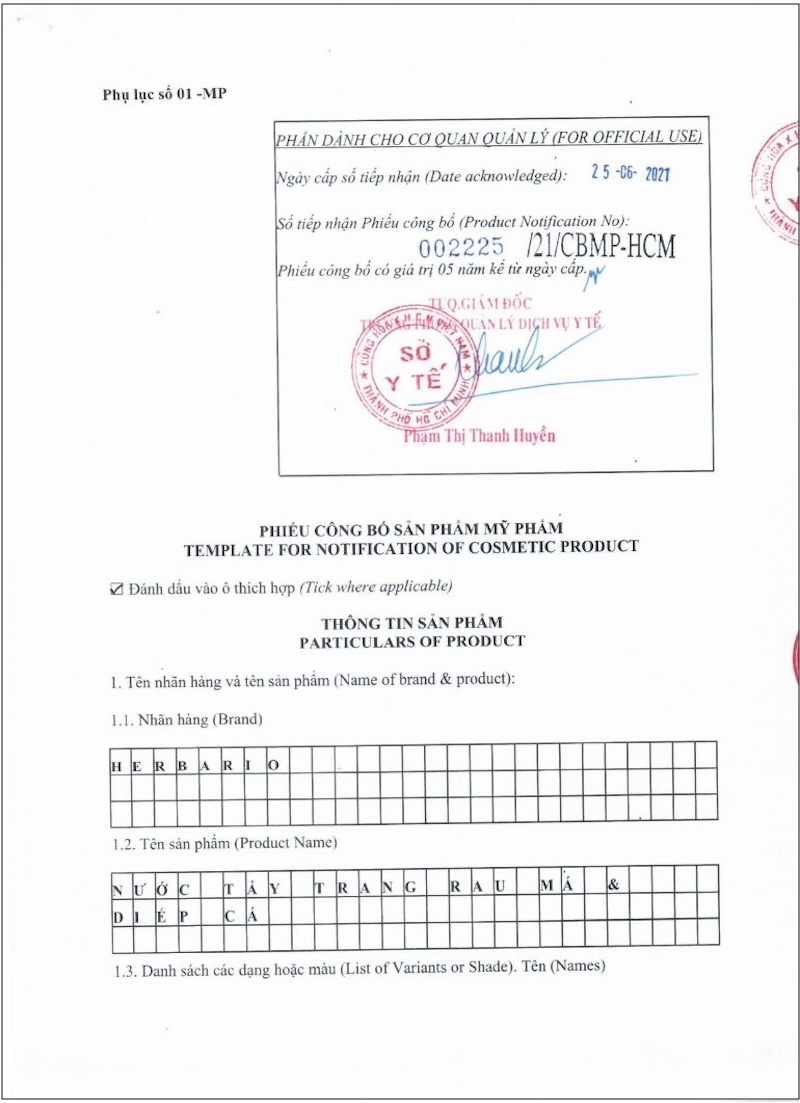 giay cong bo san pham nuoc tay trang rau ma diep ca herbario thuan chay