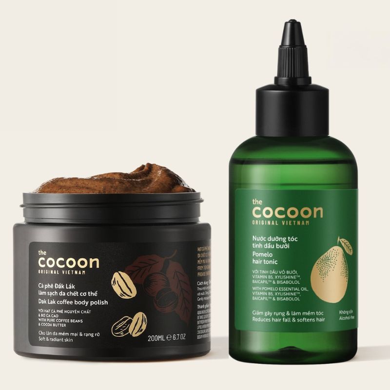 tẩy da chết cà phê đắk lắk và nước dưỡng tóc tinh dầu bưởi cocoon tay da chet ca phe va nuoc duong toc cooon