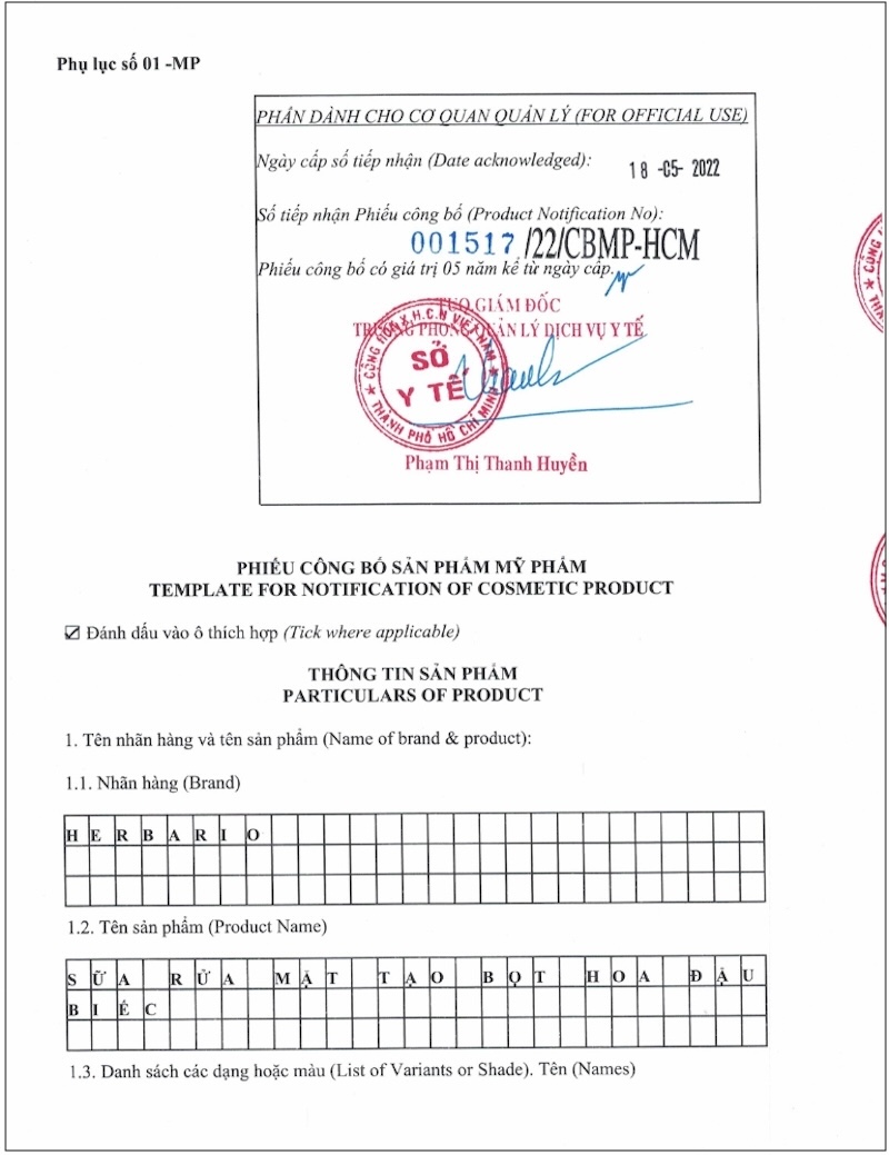 giay cong bo san pham sua rua mat tao bot hoa dau biec Herbario