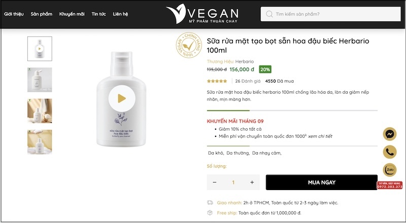 mua sua rua mat tao bot hoa dau biec herbario tai VEGAN - My pham thuan chay