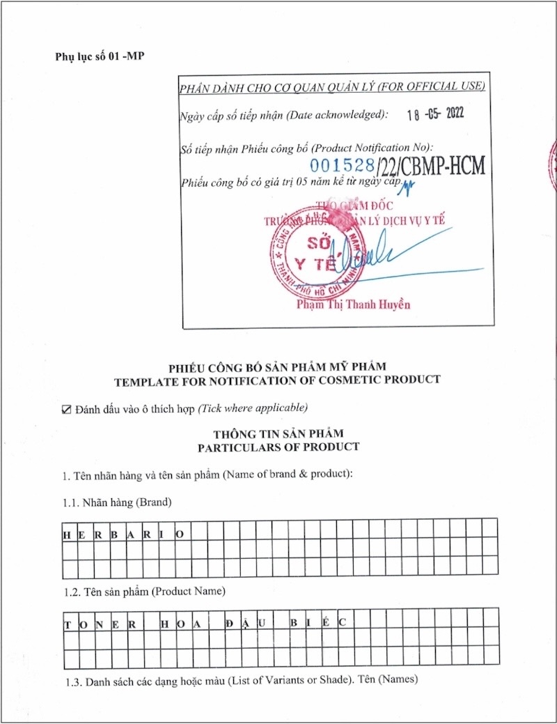 Giấy công bố sản phẩm Toner hoa đậu biếc Herbario giay cong bo san pham toner hoa dau biec herbario