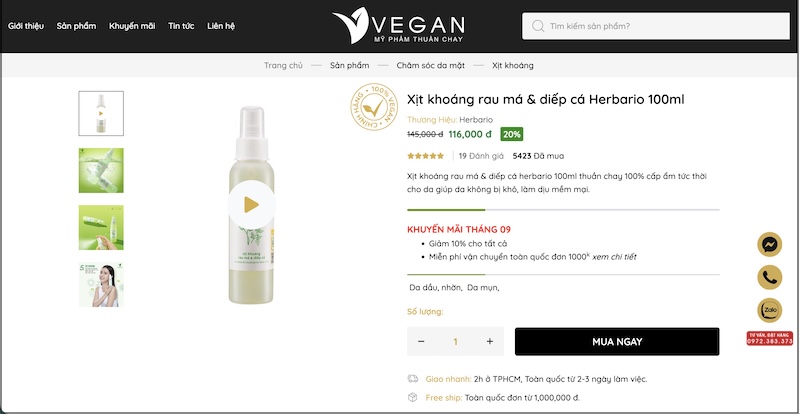 Mua xịt khoáng rau má diếp cá Herbario ở VEGAN - Mỹ phẩm thuần chay mua xit khoang rau ma diep ca herbario o vegan