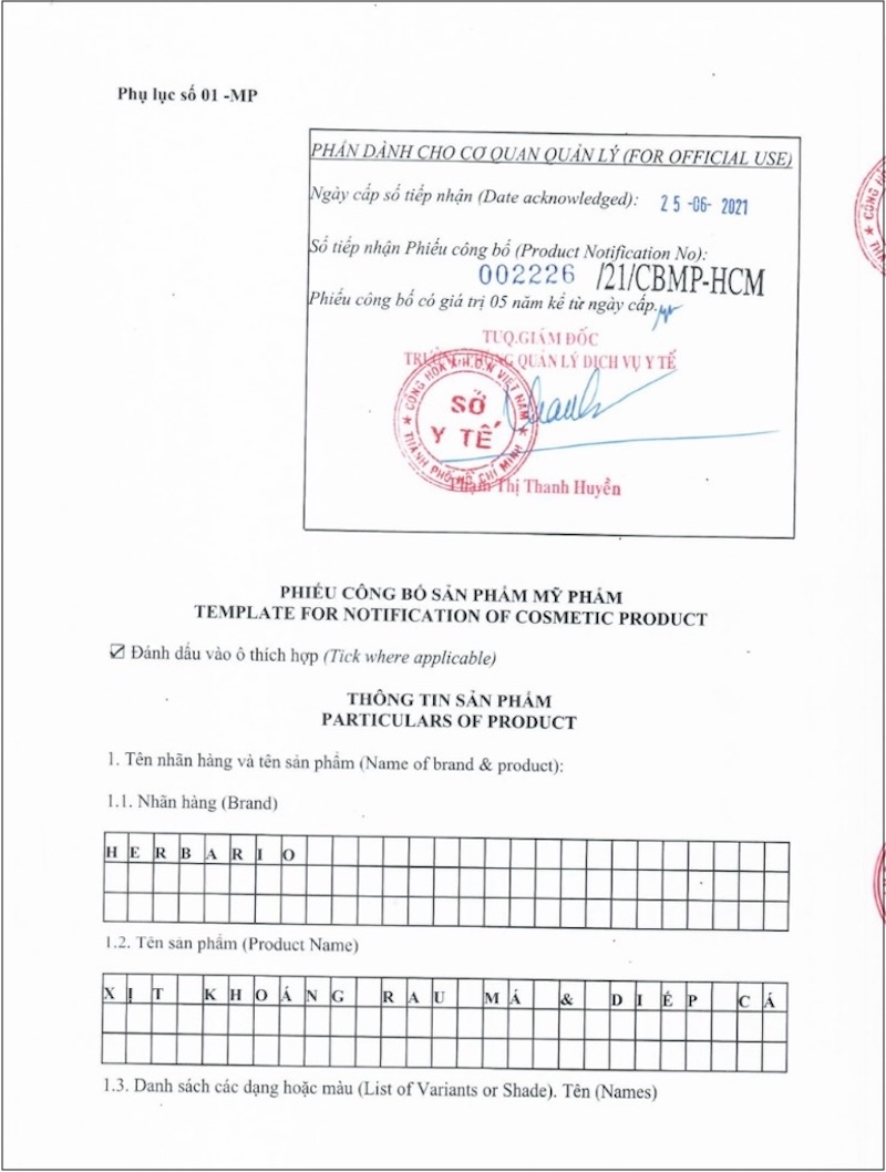 Giấy công bố sản phẩm Xịt khoáng rau má diếp cá Herbario giay cong bo san pham xit khoang rau ma diep ca Herbario