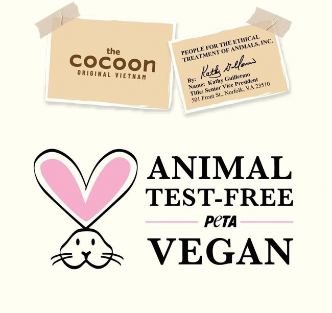 Cocoon được chứng nhận không thử nghiệm trên động vật và thuần chay bởi tổ chức PETA