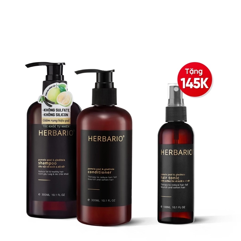 Bộ đôi Dầu GỘI XẢ bồ kết & vỏ bưởi Herbario 300ml TẶNG xịt dưỡng Herbario 100ml