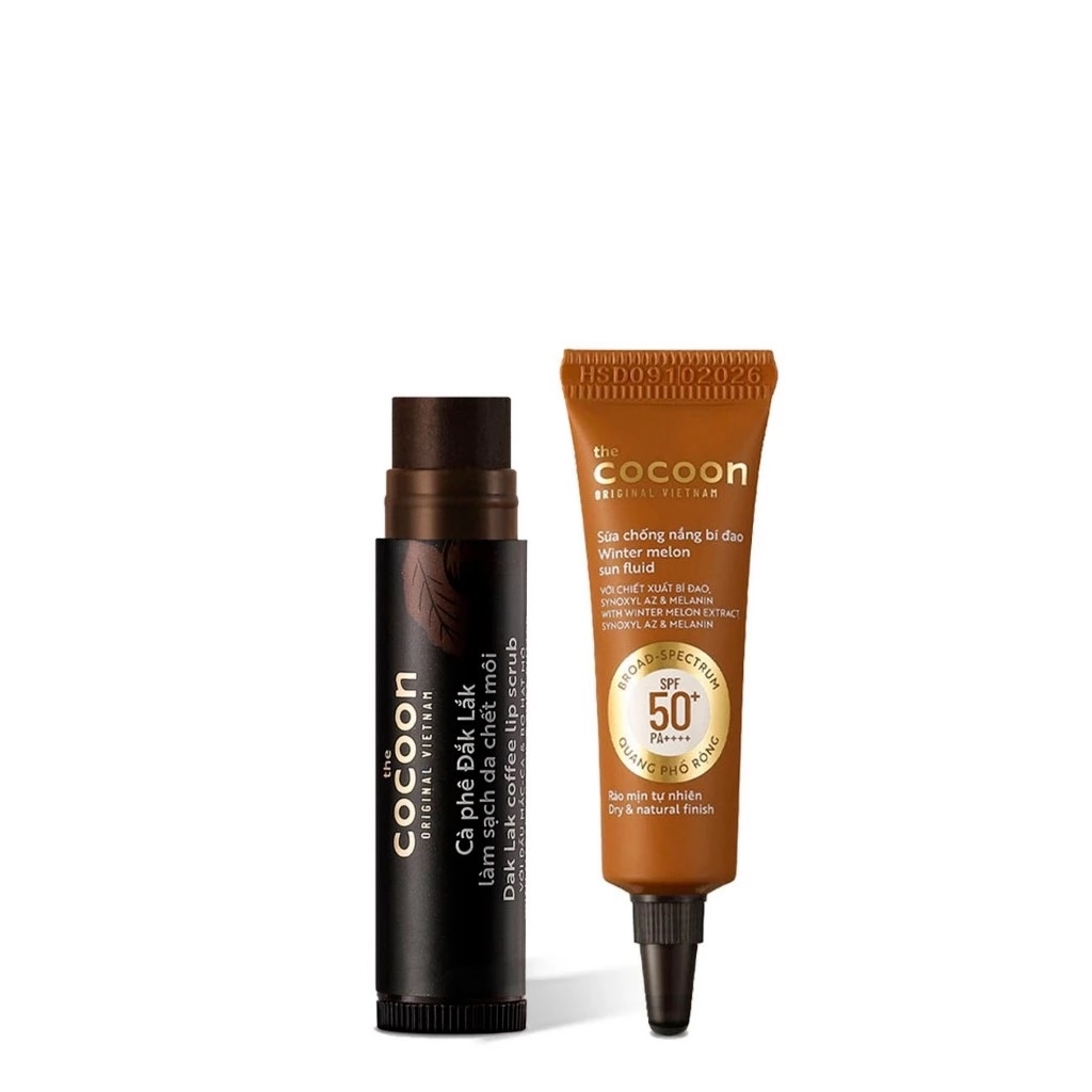 Cà phê Đắk Lắk làm sạch da chết môi Cocoon 5g + Sữa kem chống nắng bí đao Cocoon 5ml thuần chay