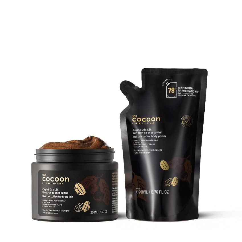 Combo cà phê Đắk Lắk làm sạch da chết cocoon: hũ 200ml+ túi 200ml