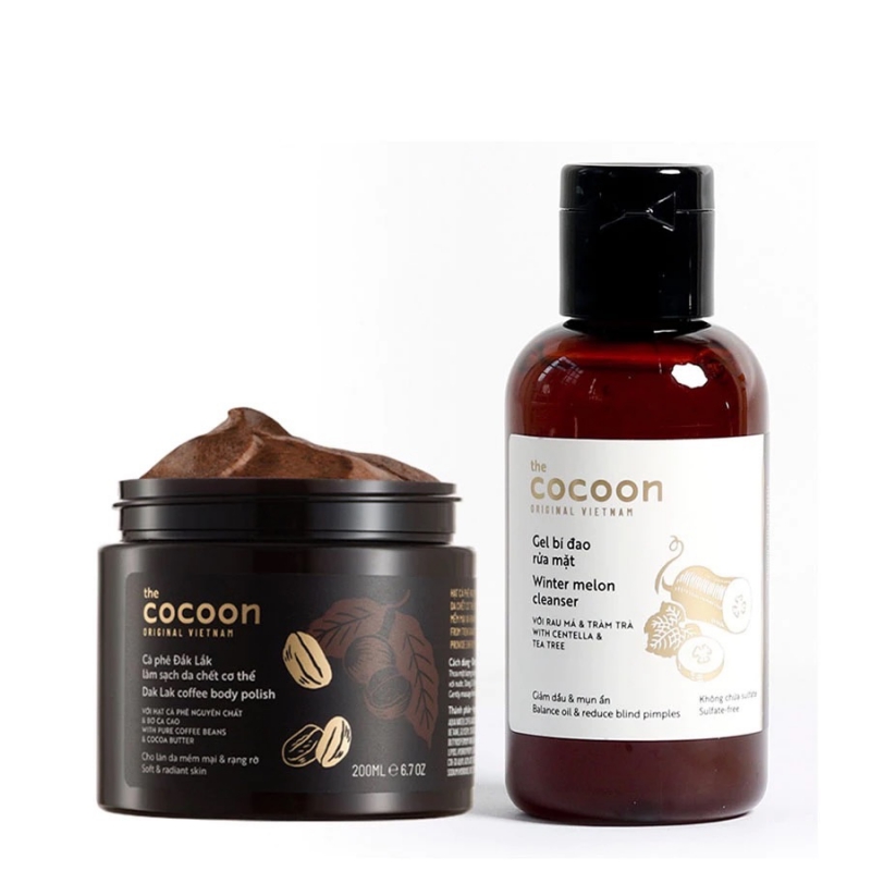 Combo Gel bí đao rửa mặt Cocoon 140ml + Hũ Cà phê Đắk Lắk sạch da chết Cocoon 200ml
