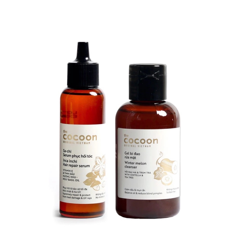 Combo Gel bí đao rửa mặt Cocoon 140ml + Sa-Chi serum phục hồi tóc Cocoon 70ml