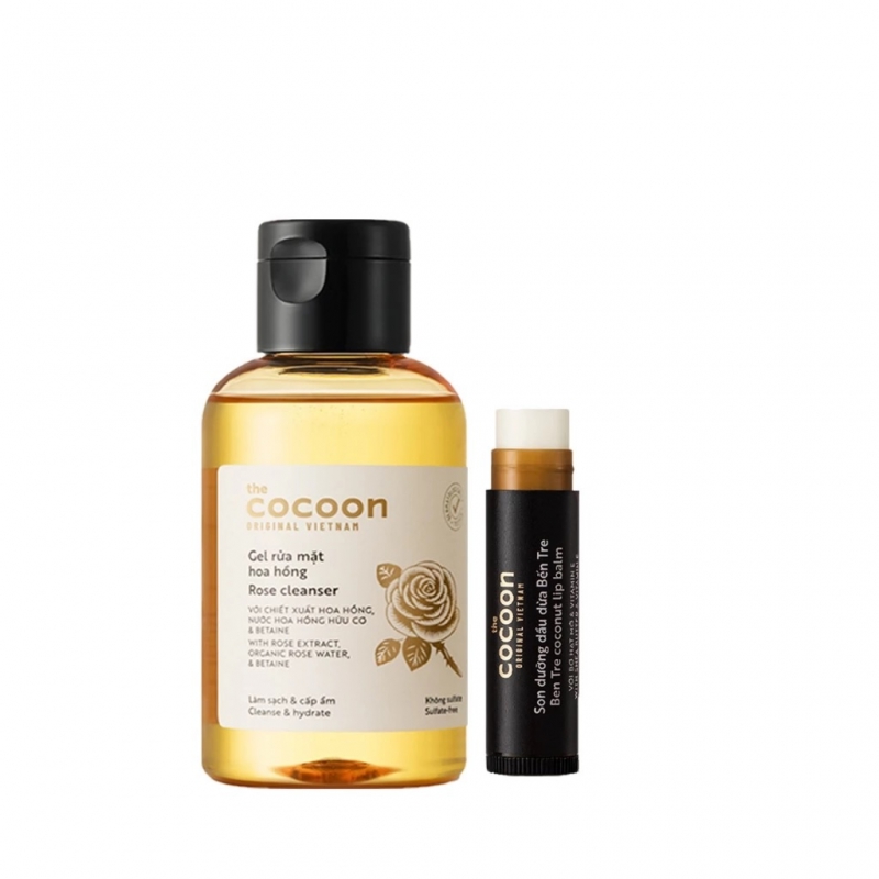 Combo gel rửa mặt hoa hồng Cocoon 140ml + Son dưỡng môi dầu dừa Bến Tre Cocoon 5g