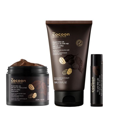 Bộ 3 Cà phê Đắk Lắk tẩy da chết cocoon: Cơ thể 200ml + Da mặt 150ml + Son môi 5g Bộ 3 Cà phê Đắk Lắk tẩy da chết cocoon: Cơ thể 200ml + Da mặt 150ml + Son môi 5g
