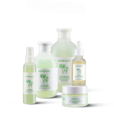 Bộ 5 Toàn diện cho da mụn Rau má & Diếp cá Herbario: Nước tẩy trang 300ml + Sữa rửa mặt 200ml + Mặt nạ 30ml + Serum 30ml + Xịt khoáng 100ml