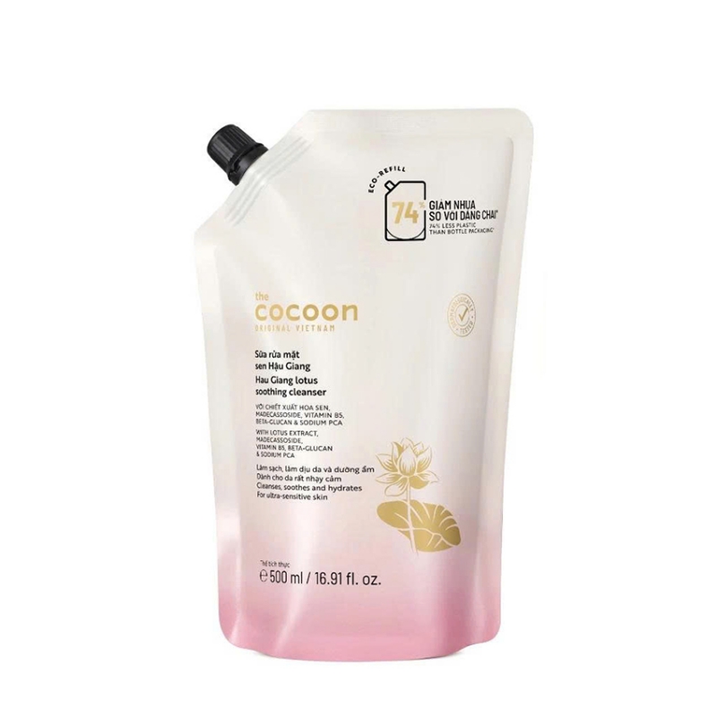 Túi Refill Supersize - Sữa rửa mặt sen Hậu Giang Cocoon 500ml - Vegan Mỹ phẩm thuần chay